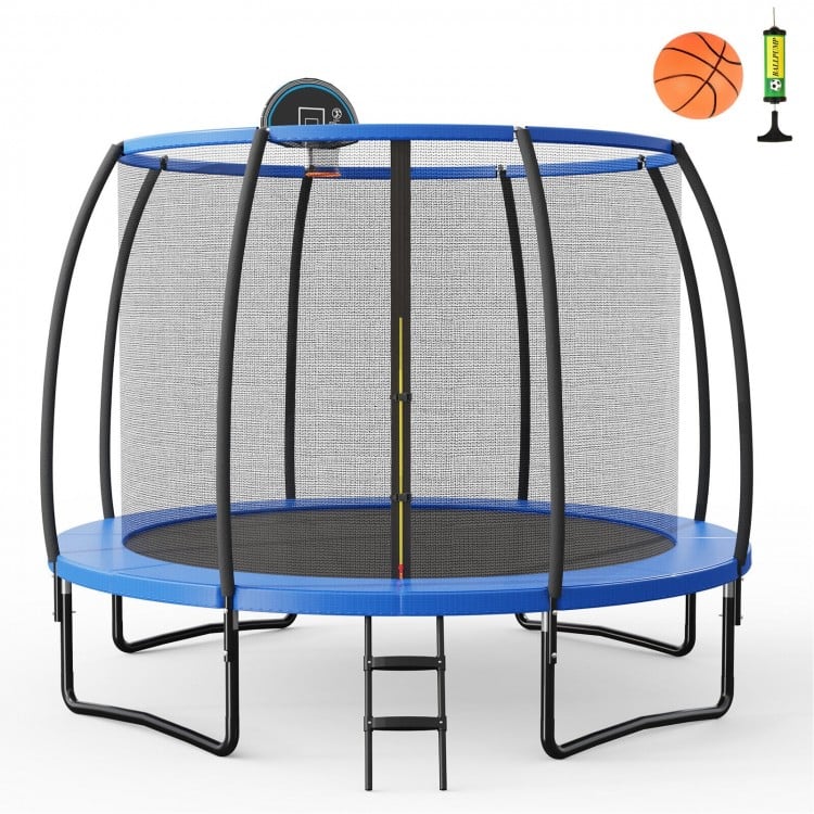 Recreational 12 ft trampoline with enclosure net, basketball hoop, and sturdy U-shaped legs for outdoor fun.