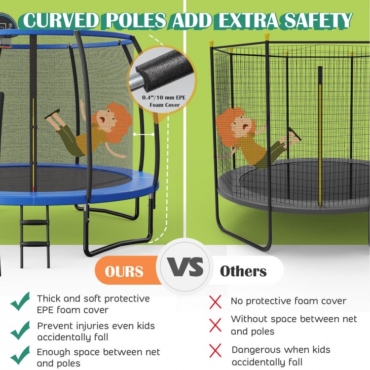Curved poles and foam cover enhance safety on the 8/10 feet trampoline with basketball hoop for recreational fun.