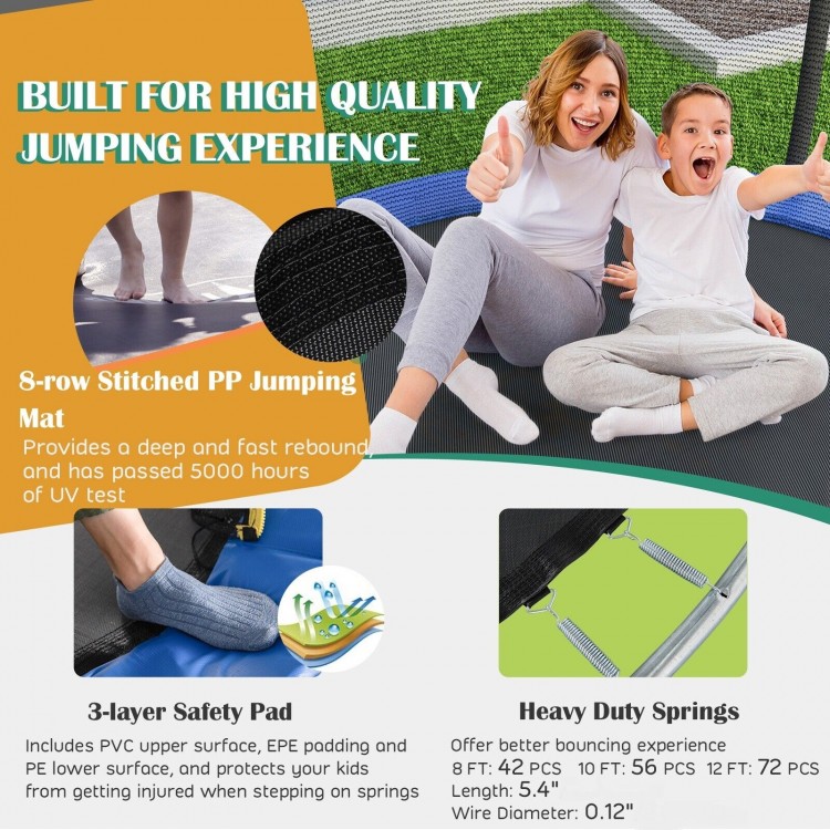 Recreational trampoline with basketball hoop, 12 ft, featuring a safety enclosure net and high-quality jumping mat.
