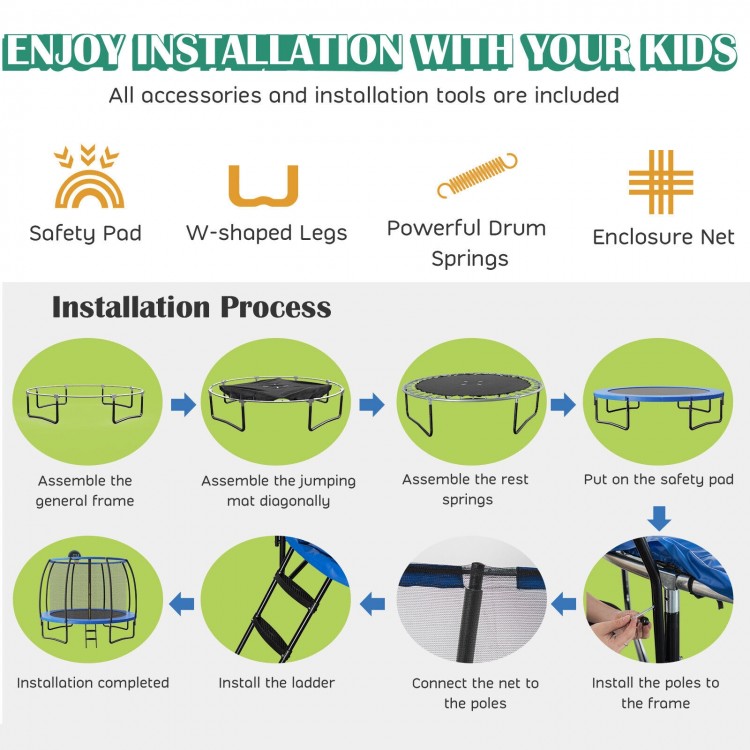 Installation process for the 8/10 feet recreational trampoline with basketball hoop, featuring safety pad and tools.