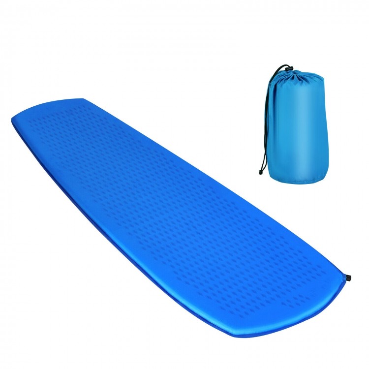 Blue inflatable sleeping pad with carrying bag, made of durable rip-stop nylon, ideal for camping and hiking.