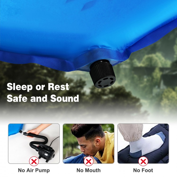 Inflatable sleeping pad in blue with self-inflating system, waterproof surface, ideal for camping and travel.