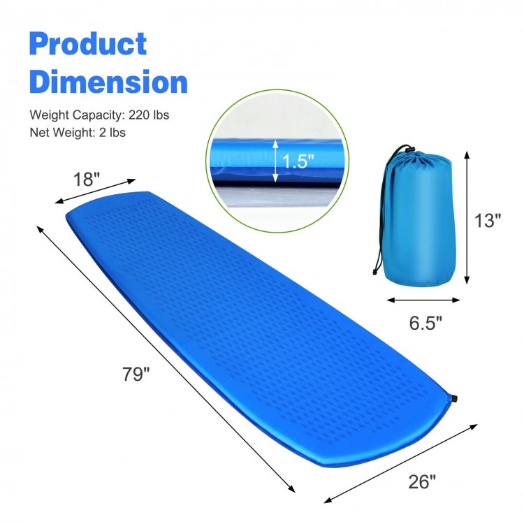 Blue inflatable sleeping pad with dimensions 79"x18"x1.5", lightweight, self-inflating, ideal for camping and travel.