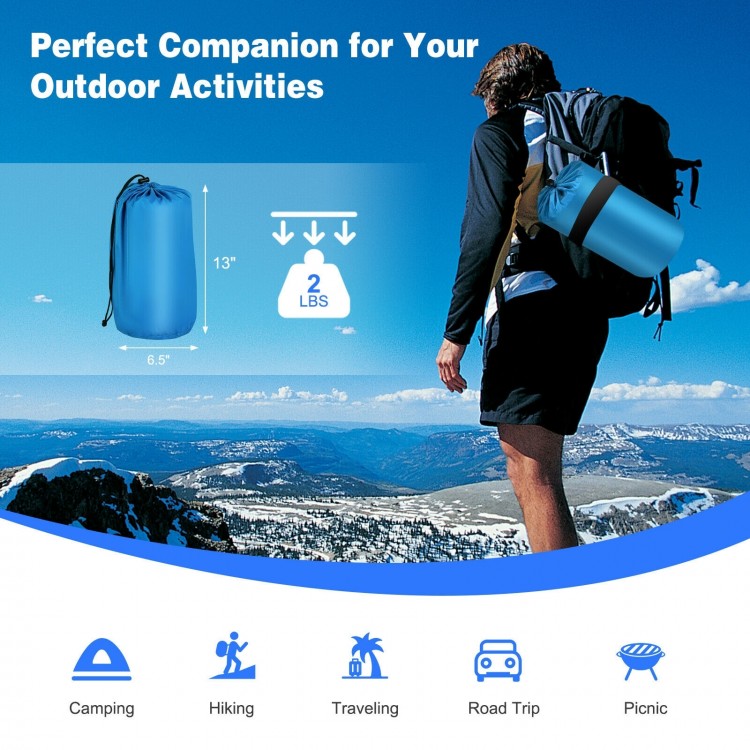 Inflatable sleeping pad in blue with carrying bag, lightweight and durable, perfect for camping and outdoor activities.