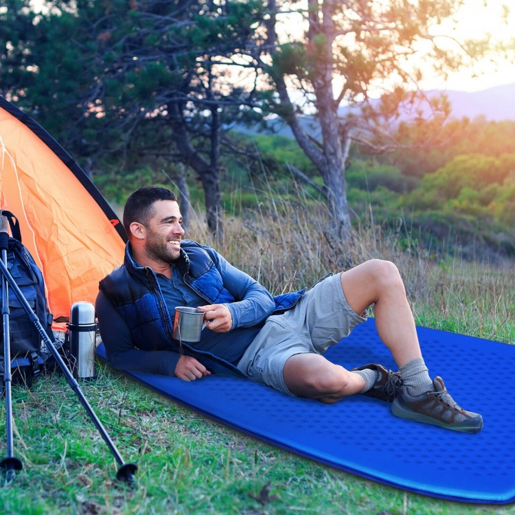Inflatable sleeping pad in blue, featuring a self-inflating system, ideal for camping and hiking.