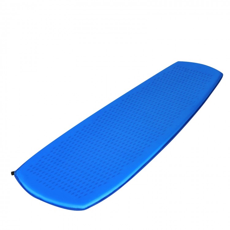 Blue inflatable sleeping pad featuring a waterproof surface, self-inflating system, and lightweight design for camping.