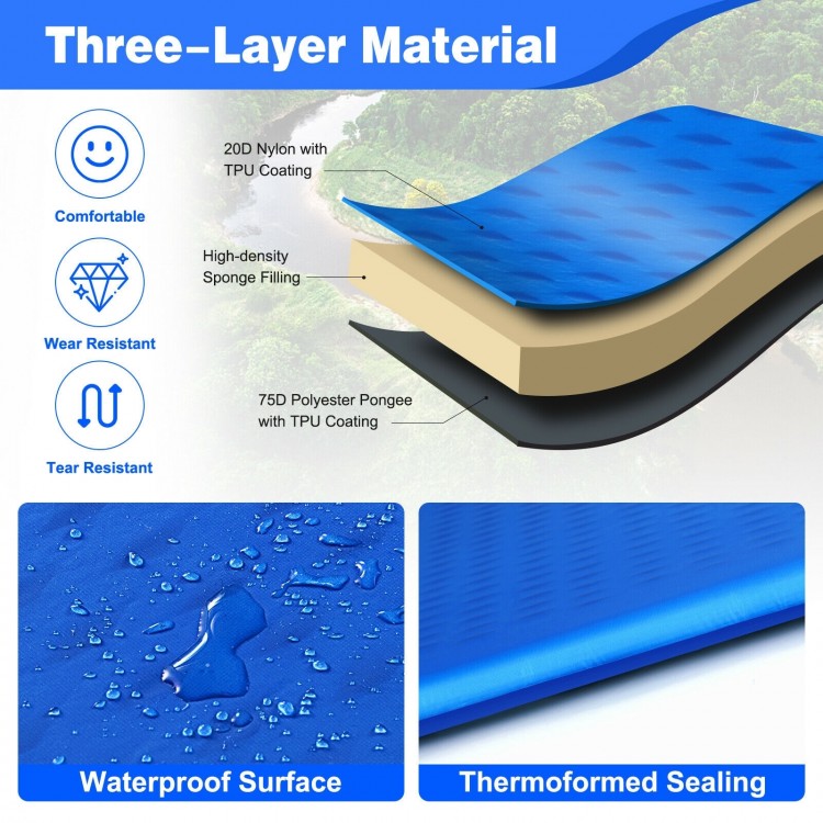 Three-layer inflatable sleeping pad in blue, featuring waterproof nylon and polyester for camping and outdoor use.