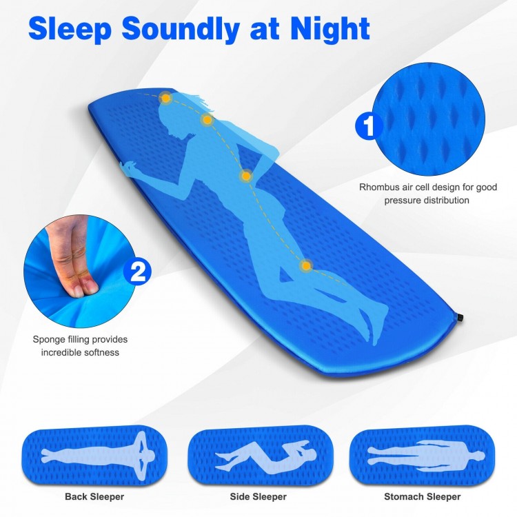 Inflatable blue sleeping pad showing different sleeping positions, made of durable nylon for camping and hiking use.