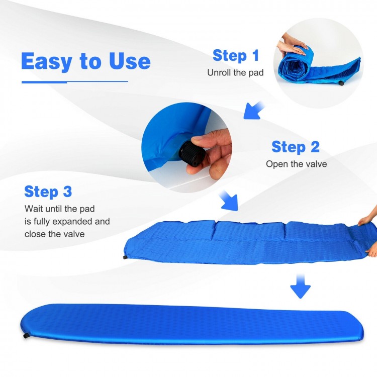 Inflatable sleeping pad in blue, showcasing self-inflating steps, ideal for camping and easy to carry with a bag.