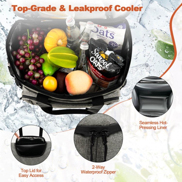 Large gray leakproof rolling cooler with top lid, 50-can capacity, and adjustable handle for easy transport.