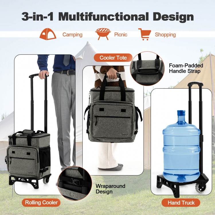 Gray 50-can leakproof rolling cooler with adjustable handle, side pockets, and detachable bottom plate for versatile.