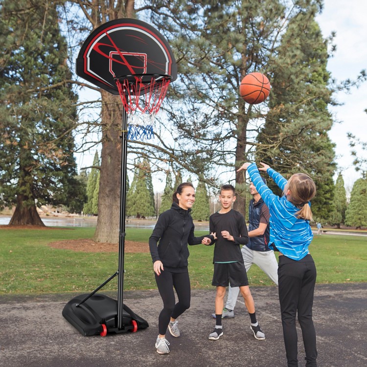 Portable basketball hoop stand with adjustable height, shatterproof backboard, and wheels for easy transport outdoors.