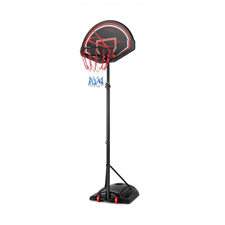 Portable basketball hoop stand with adjustable height, shatterproof backboard, and wheels for easy transport.