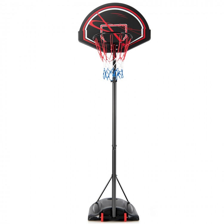 Portable basketball hoop stand with adjustable height, shatterproof backboard, and built-in wheels for easy transport.