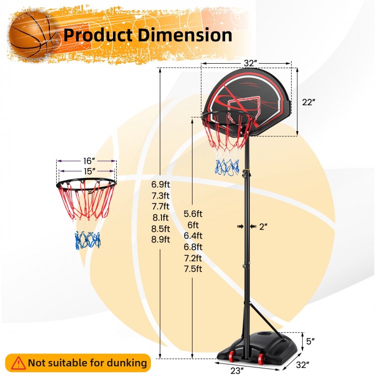 Portable basketball hoop dimensions with adjustable heights, 32-inch shatterproof backboard, and durable base for.