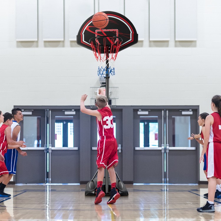 Portable basketball hoop with adjustable height, shatterproof backboard, and wheels for easy transport and stability.