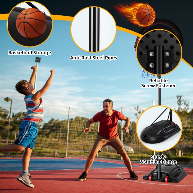 Portable basketball hoop stand with adjustable height, shatterproof backboard, and sturdy base for outdoor play.