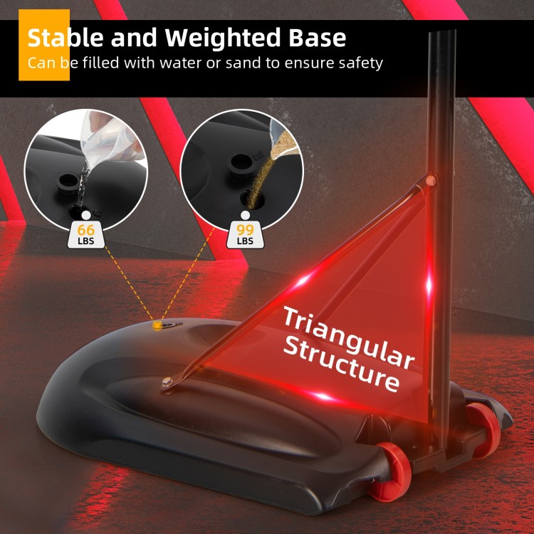 Portable basketball hoop stand base with triangular structure, filled with water or sand for stability and safety.