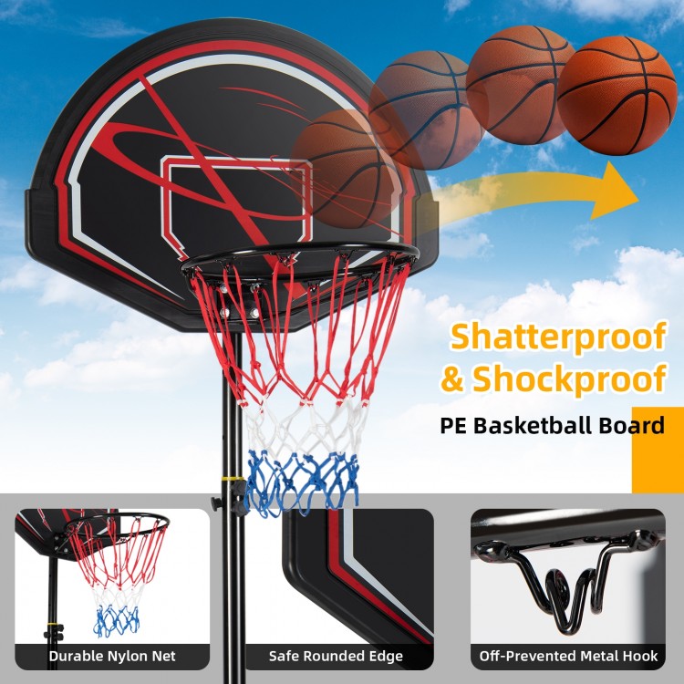 Portable basketball hoop with a 32-inch shatterproof backboard, adjustable height, and durable nylon net for outdoor.