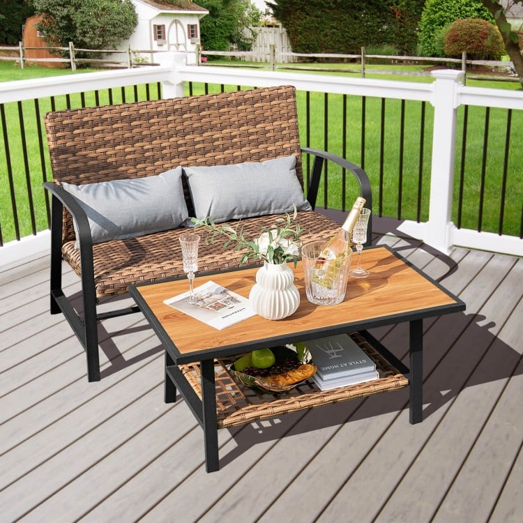 Patio rattan coffee table set featuring a 2-tier table and quick-dry cushions, ideal for outdoor relaxation.