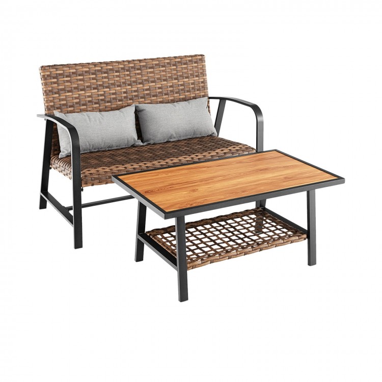 Patio rattan coffee table set featuring a sturdy metal frame, quick-dry cushions, and a two-tier storage table for.
