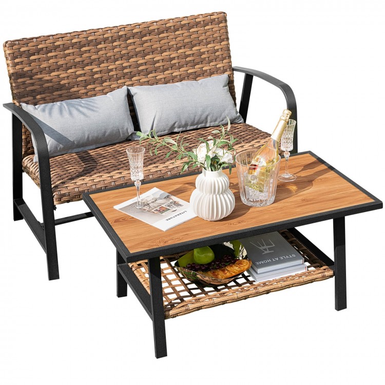 Patio rattan coffee table set featuring a 2-tier table and quick dry cushions, ideal for outdoor relaxation.