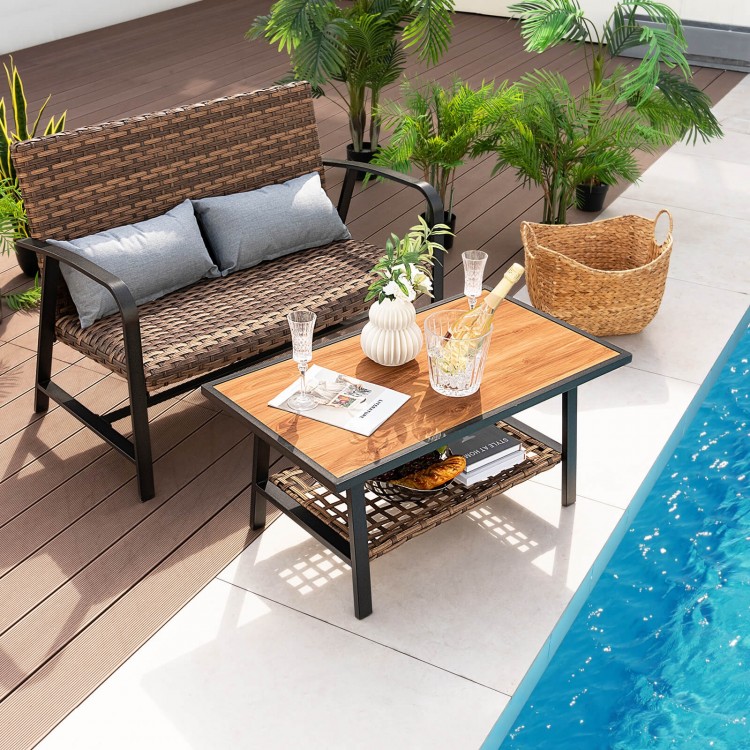 Patio rattan coffee table set with shelf and quick-dry cushions, perfect for outdoor use by the poolside or garden.