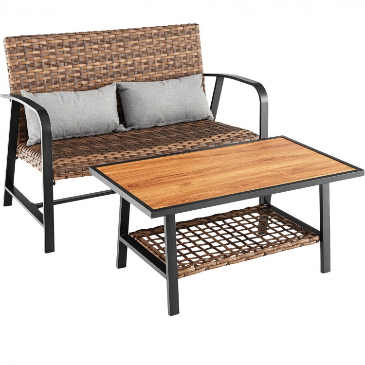 Patio rattan coffee table set featuring a sturdy metal frame, quick-dry cushions, and a 2-tier storage table for.