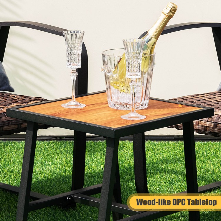 Square DPC tabletop with a champagne bucket and glasses, part of a 3-piece patio rattan conversation set for outdoor.