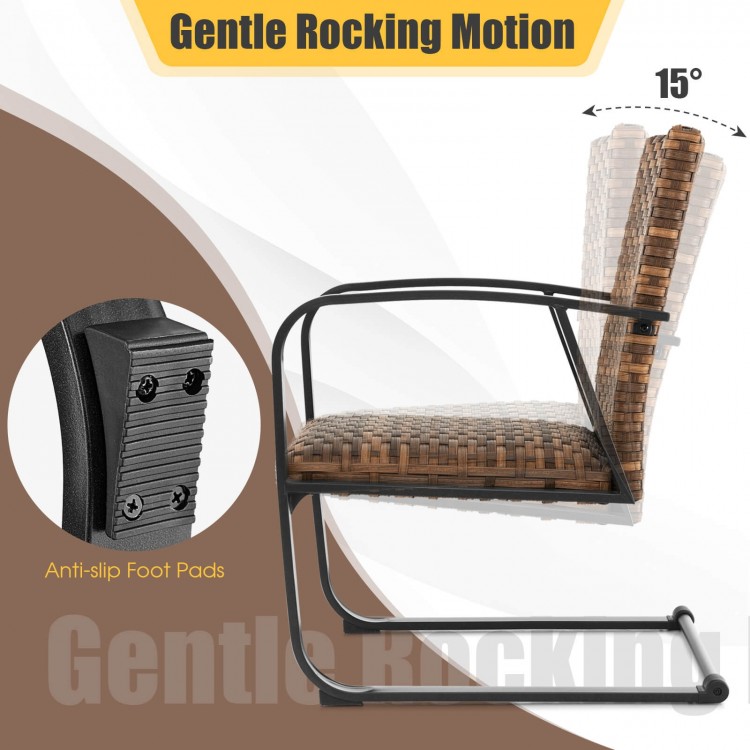 Gentle rocking chair with anti-slip foot pads, hand-woven brown PE rattan, perfect for patio or garden relaxation.