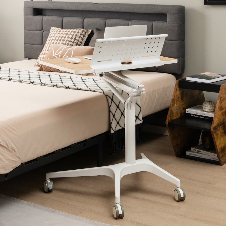 Height adjustable mobile standing desk with detachable holder, featuring a robust aluminum frame and smooth rounded.