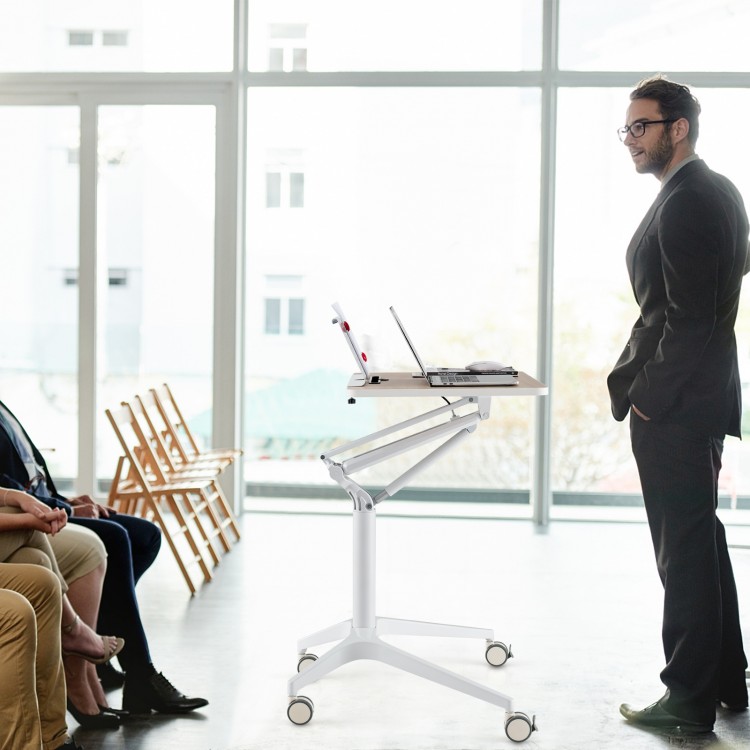 Height adjustable mobile standing desk with detachable holder, featuring a robust aluminum frame and flexible wheels.