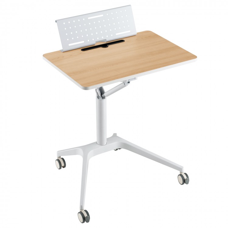 Height adjustable mobile standing desk with natural wood top and detachable holder, ideal for versatile workspace use.