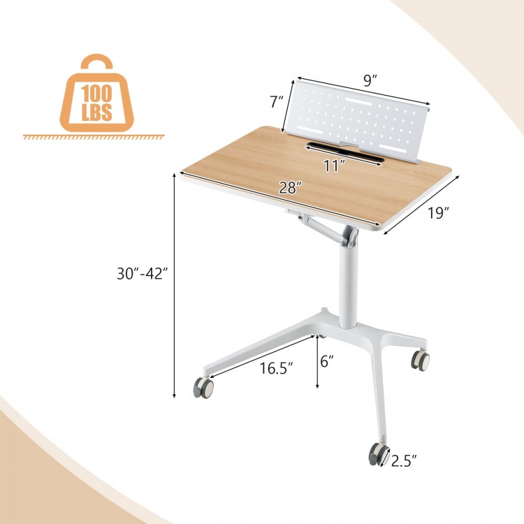 Height adjustable mobile standing desk with a natural wood top, featuring a detachable holder and four wheels for easy.