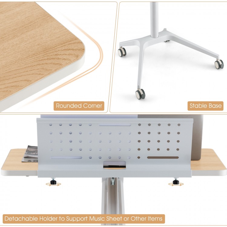 Height adjustable mobile standing desk with rounded corners, stable base, and detachable holder for music sheets.