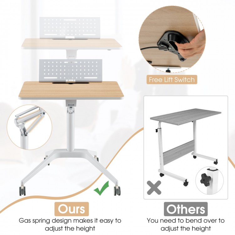 Height adjustable mobile standing desk with natural wood finish, featuring gas spring design and detachable holder for.