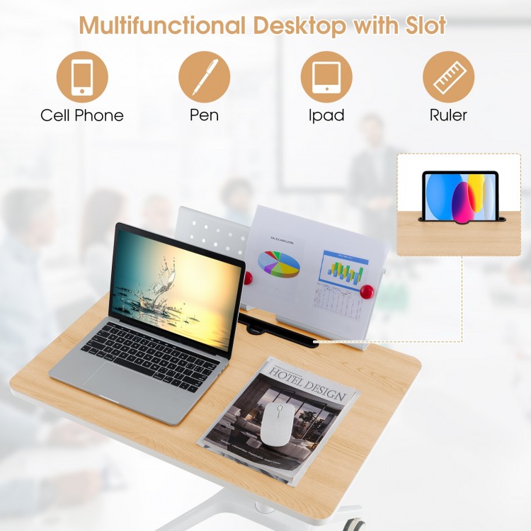 Height adjustable mobile standing desk with detachable holder and storage slot, ideal for versatile workspace use.