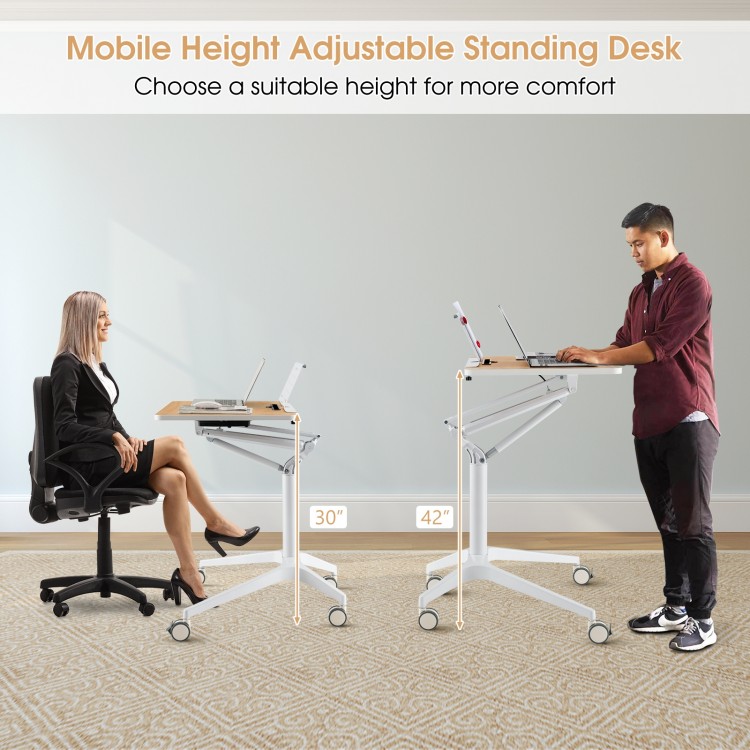 Height adjustable mobile standing desk with detachable holder, 30"-42" height range, featuring wheels for easy movement.