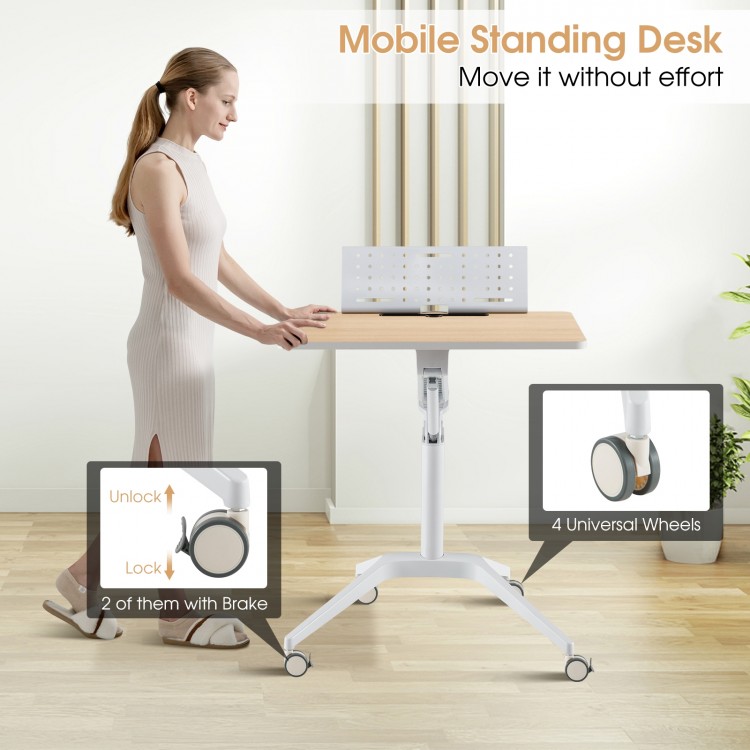 Height adjustable mobile standing desk with detachable holder and 4 universal wheels for easy movement and stability.