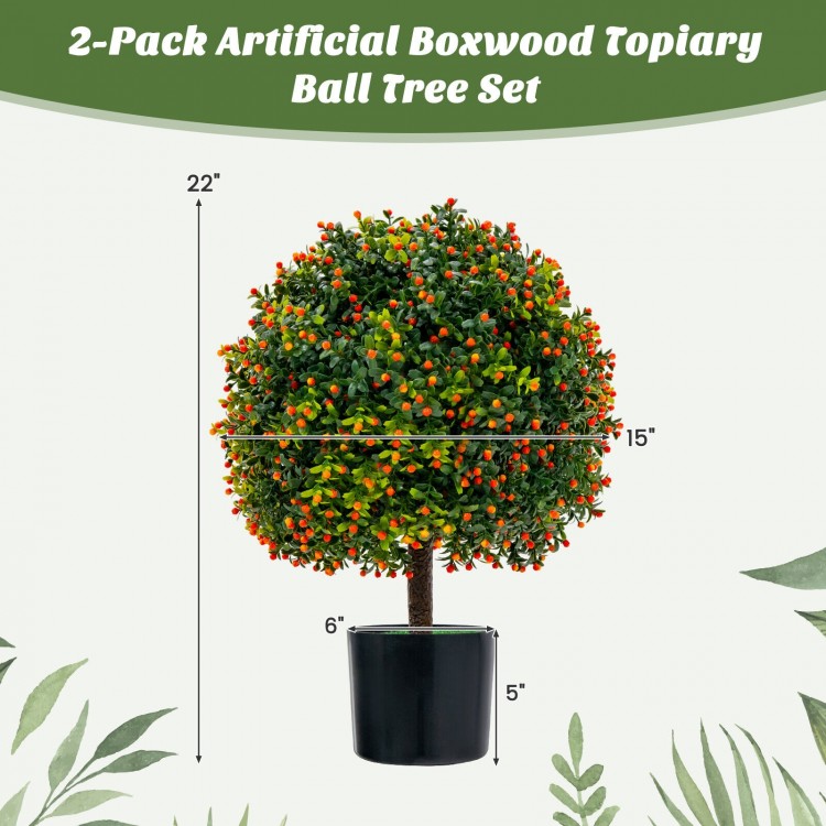 Artificial boxwood topiary ball tree set with orange fruit, 22" tall, perfect for home decoration in any room.