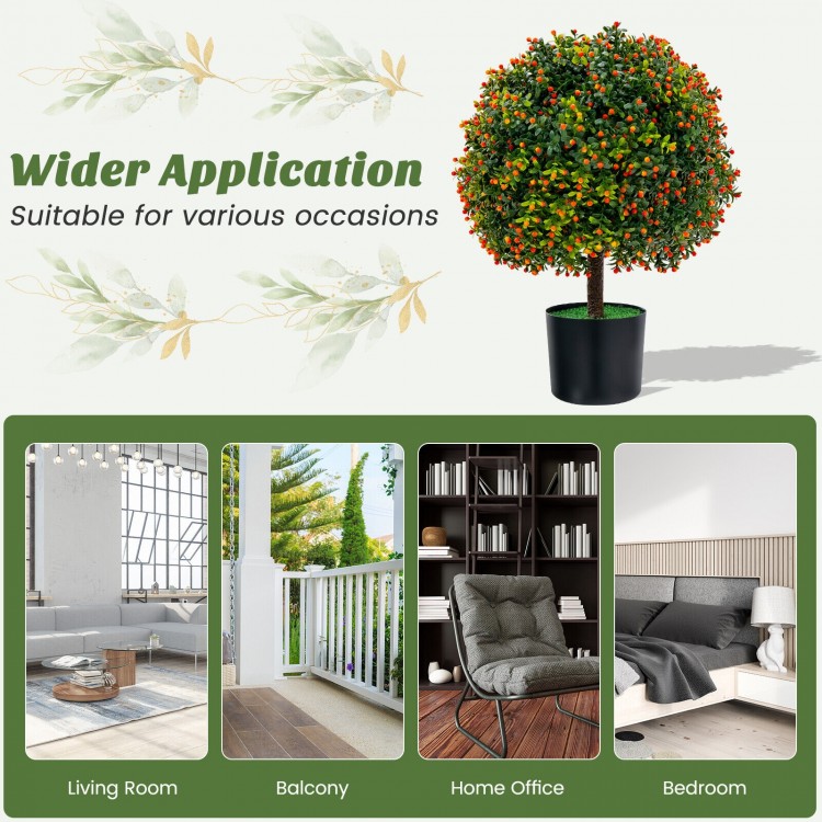 2-pack artificial boxwood topiary ball trees with orange fruit in cement-filled pots, ideal for home decoration in.