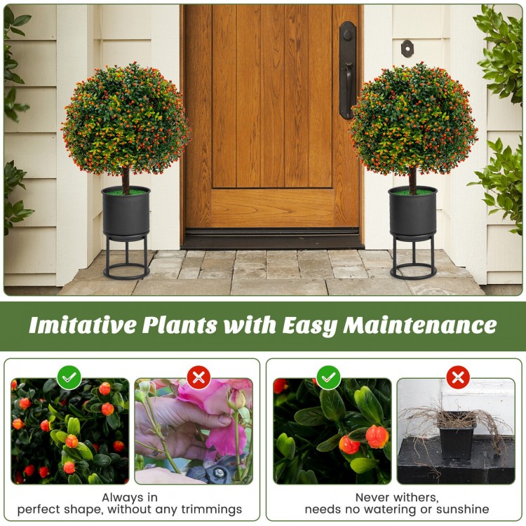 2-pack artificial boxwood topiary ball trees with orange fruit in cement-filled pots, ideal for home decoration.