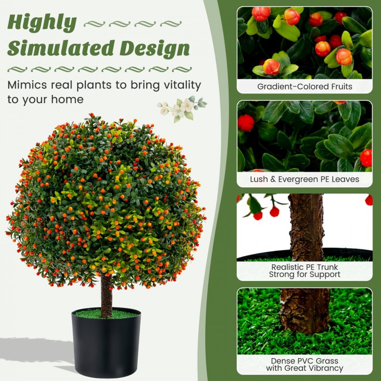 Artificial boxwood topiary ball tree with orange fruit, featuring lush PE leaves and a cement-filled pot for stability.