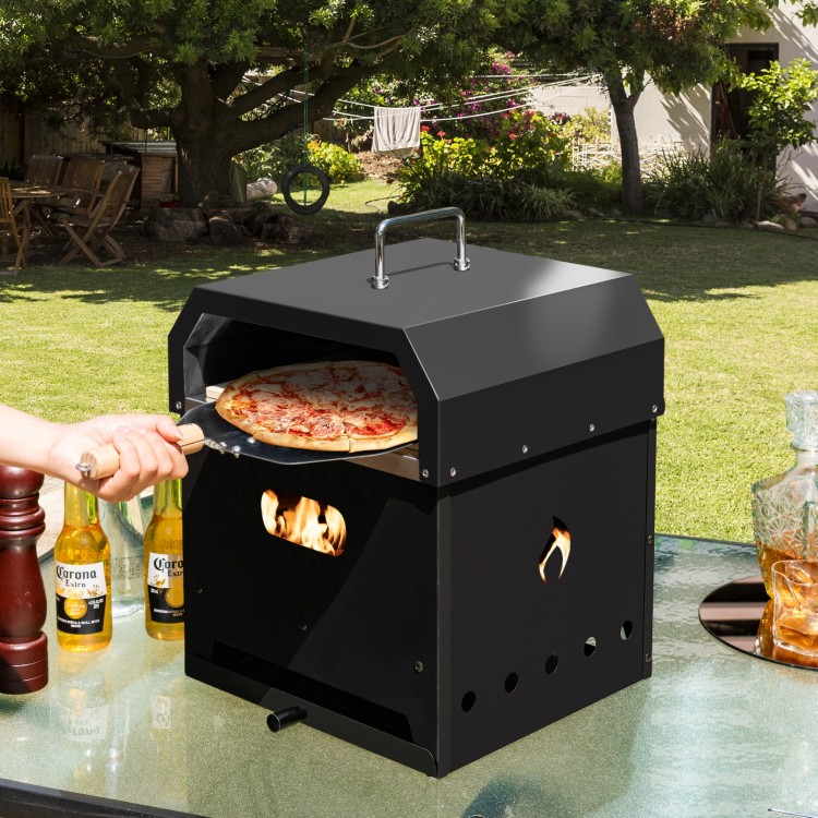 Portable 4-in-1 outdoor pizza oven with a 12-inch pizza stone, made of stainless steel, ideal for grilling and baking.