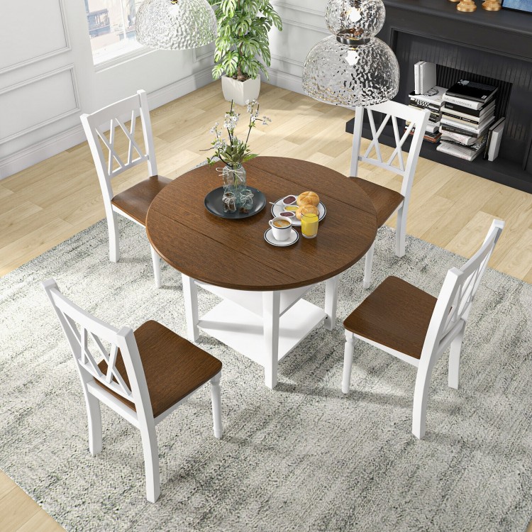 Round kitchen dining set featuring a drop leaf table and four ergonomic chairs, perfect for family gatherings.