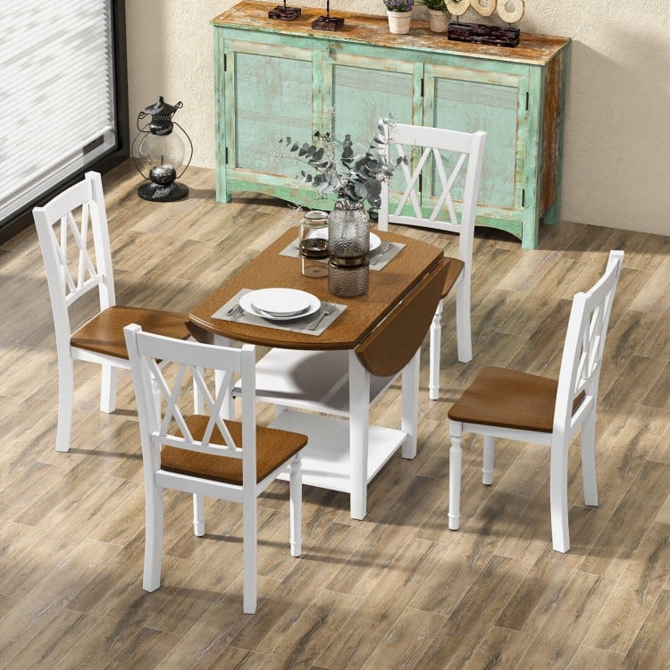 Round dining table with drop leaf design and two-tier shelves, complemented by four ergonomic chairs for stylish dining.