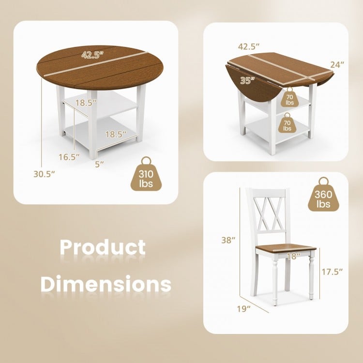 Round dining table dimensions with drop leaf design, solid wood, for 5-piece kitchen dining set.