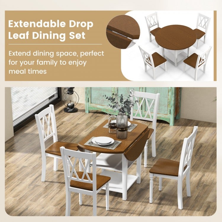 Round dining table with drop leaf design and four ergonomic chairs, perfect for family meal times and gatherings.
