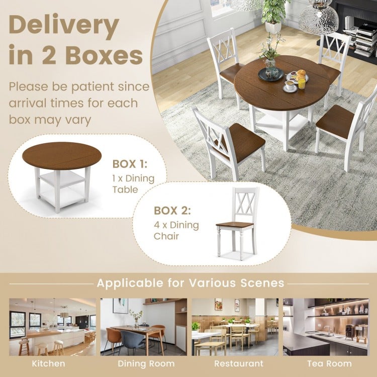 Round dining table with drop leaf design and four ergonomic chairs, perfect for family gatherings in the kitchen.