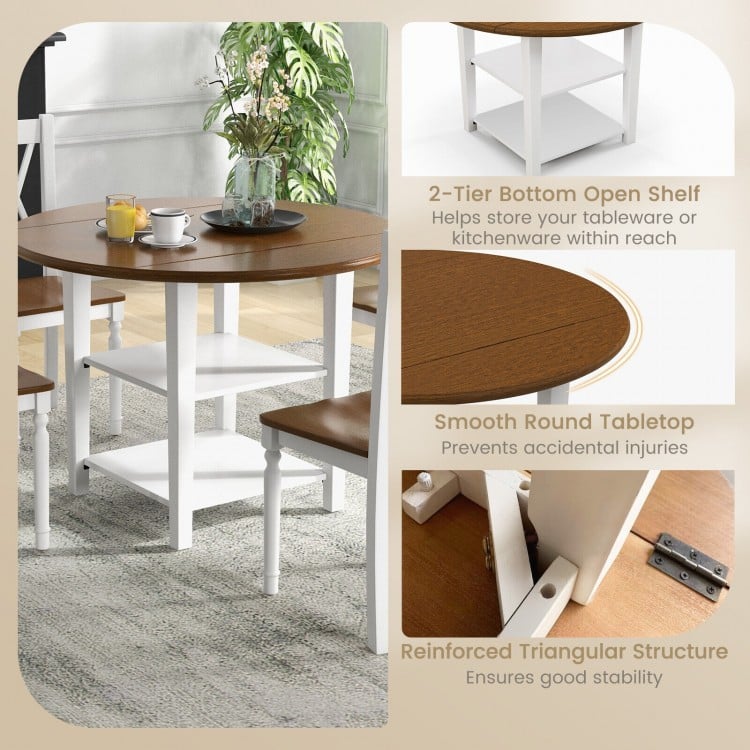 Round dining table with drop leaf design, solid wood, and 2-tier open shelf for easy access to essentials.